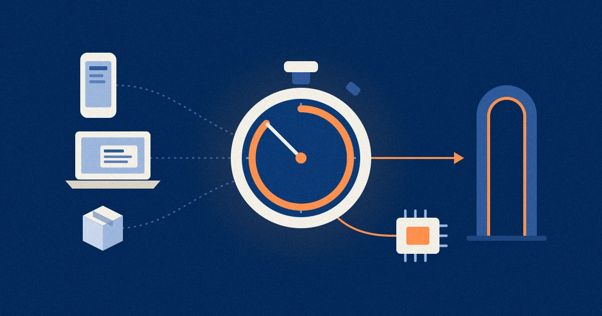 Illustration of a stopwatch at the centre of a product map linking a mobile phone, a desktop agent, an installer package and a device chip, with a single alert line running to a reporting gateway